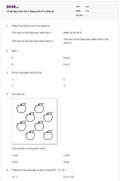 13 bài tập Toán lớp 3: Bảng chia 8 có đáp án