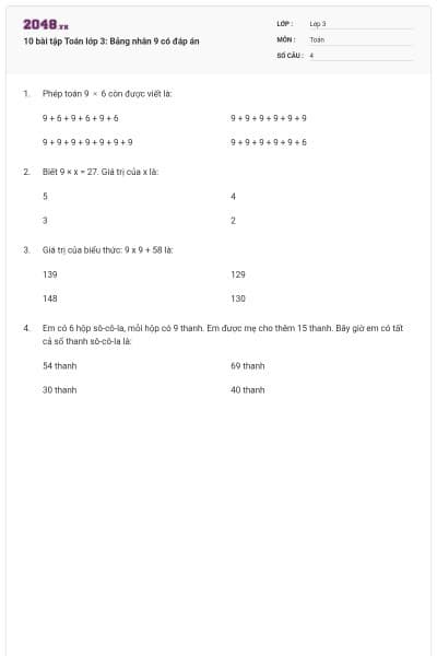 10 bài tập Toán lớp 3: Bảng nhân 9 có đáp án