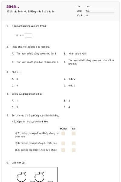 13 bài tập Toán lớp 3: Bảng chia 8 có đáp án