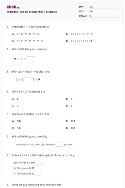 10 bài tập Toán lớp 3: Bảng nhân 9 có đáp án
