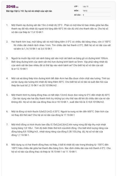 Bài tập Vật Lí 10: Sự nở về nhiệt của vật rắn