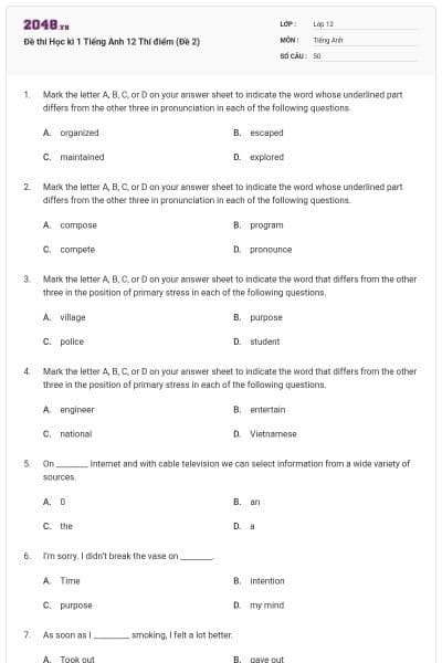 Đề thi Học kì 1 Tiếng Anh 12 Thí điểm (Đề 2)