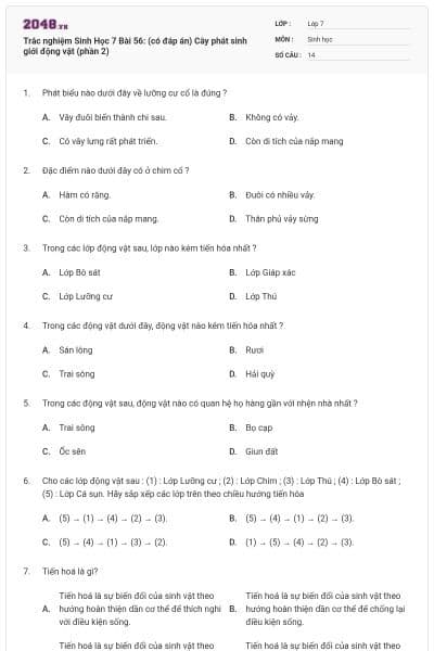 Trắc nghiệm Sinh Học 7 Bài 56: (có đáp án) Cây phát sinh giới động vật (phần 2)