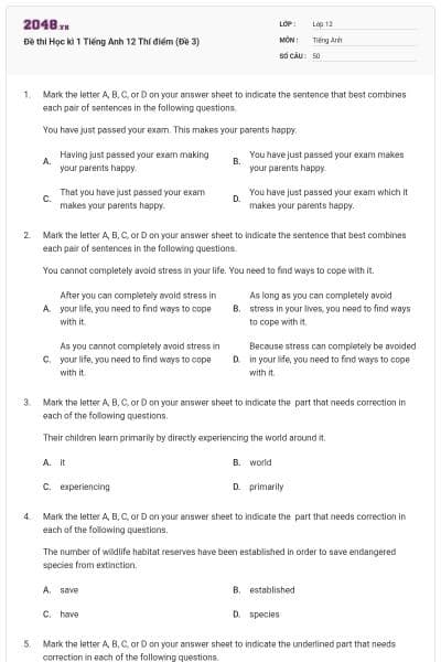 Đề thi Học kì 1 Tiếng Anh 12 Thí điểm (Đề 3)