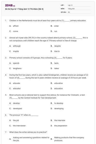Đề thi Học kì 1 Tiếng Anh 12 Thí điểm (Đề 4)