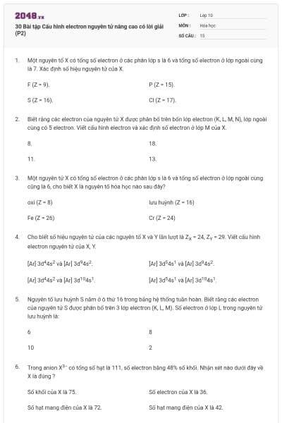 30 Bài tập Cấu hình electron nguyên tử nâng cao có lời giải (P2)