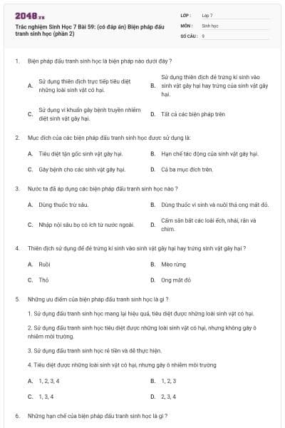 Trắc nghiệm Sinh Học 7 Bài 59: (có đáp án) Biện pháp đấu tranh sinh học (phần 2)