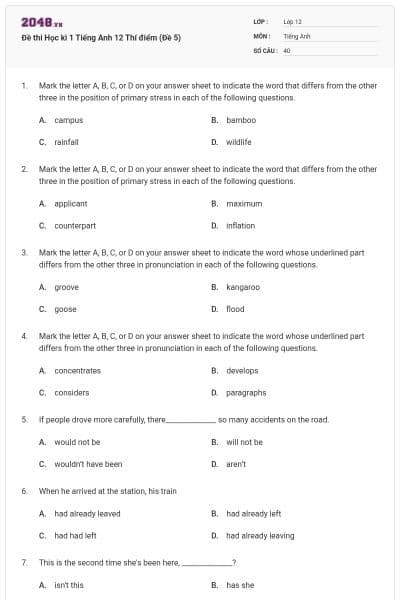 Đề thi Học kì 1 Tiếng Anh 12 Thí điểm (Đề 5)
