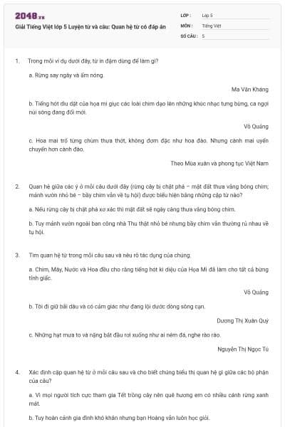 Giải Tiếng Việt lớp 5 Luyện từ và câu: Quan hệ từ có đáp án