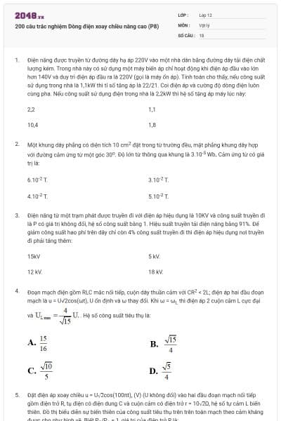 200 câu trắc nghiệm Dòng điện xoay chiều nâng cao (P8)
