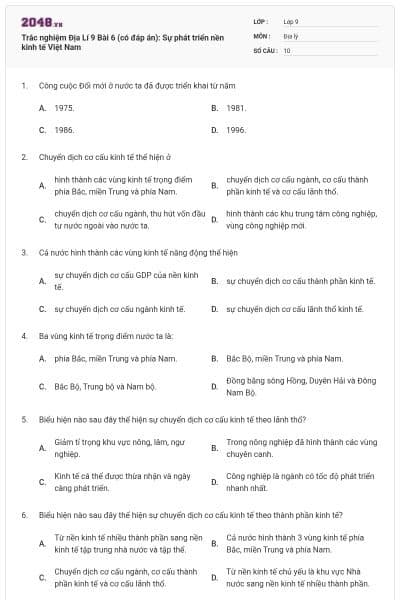 Trắc nghiệm Địa Lí 9 Bài 6 (có đáp án): Sự phát triển nền kinh tế Việt Nam