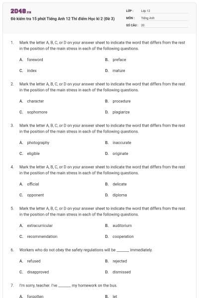 Đề kiểm tra 15 phút Tiếng Anh 12 Thí điểm Học kì 2 (Đề 3)