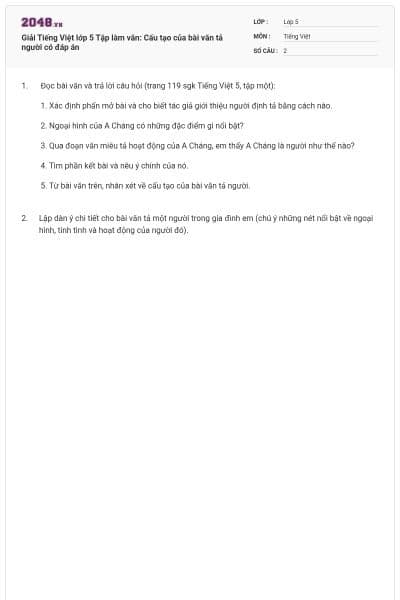 Giải Tiếng Việt lớp 5 Tập làm văn: Cấu tạo của bài văn tả người có đáp án