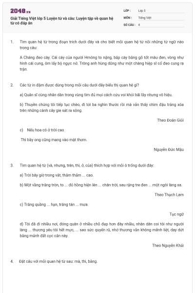 Giải Tiếng Việt lớp 5 Luyện từ và câu: Luyện tập về quan hệ từ có đáp án