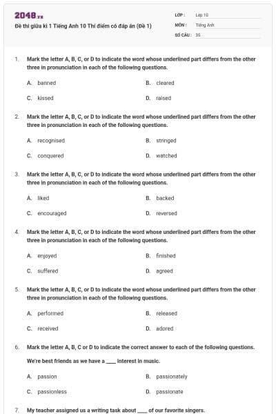 Đề thi giữa kì 1 Tiếng Anh 10 Thí điểm có đáp án (Đề 1)