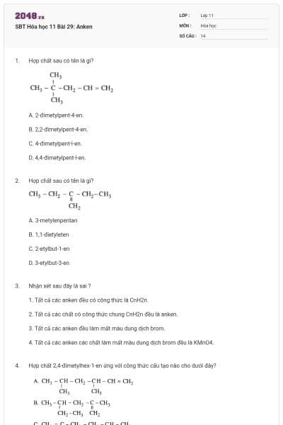 SBT Hóa học 11 Bài 29: Anken
