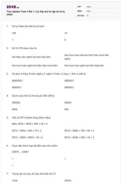 Trắc nghiệm Toán 4 Bài 1: (có đáp án) ôn tập về số tự nhiên