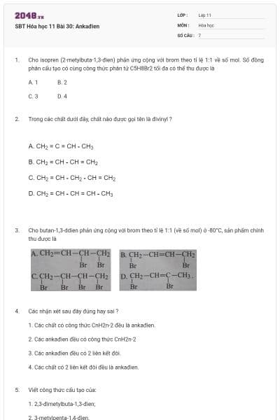 SBT Hóa học 11 Bài 30: Ankađien