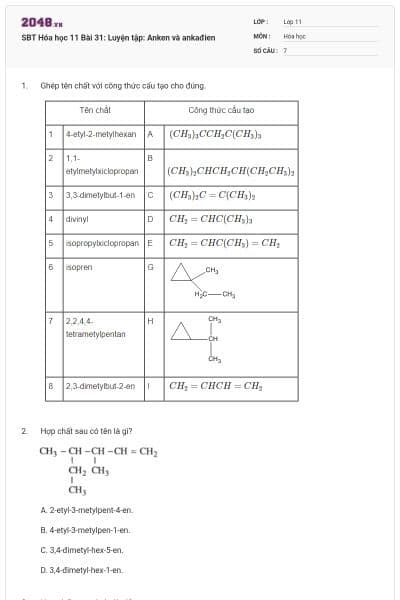 SBT Hóa học 11 Bài 31: Luyện tập: Anken và ankađien