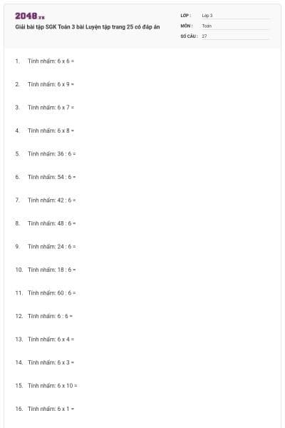 Giải bài tập SGK Toán 3 bài Luyện tập trang 25 có đáp án