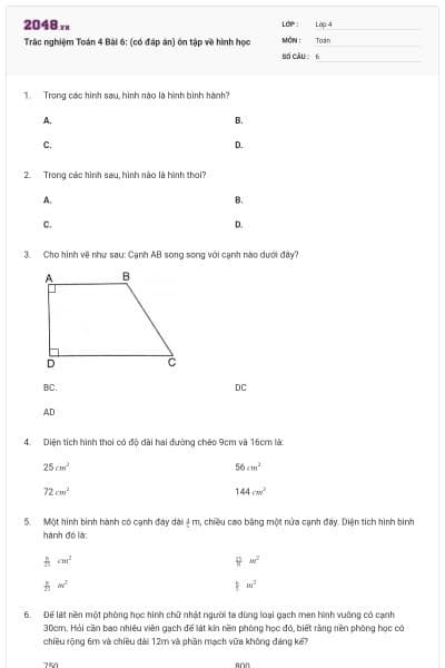 Trắc nghiệm Toán 4 Bài 6: (có đáp án) ôn tập về hình học