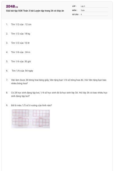 Giải bài tập SGK Toán 3 bài Luyện tập trang 26 có đáp án