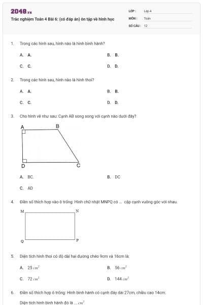 Trắc nghiệm Toán 4 Bài 6: (có đáp án) ôn tập về hình học
