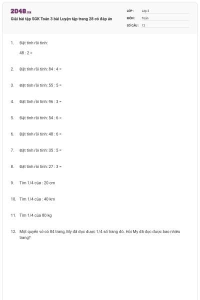 Giải bài tập SGK Toán 3 bài Luyện tập trang 28 có đáp án