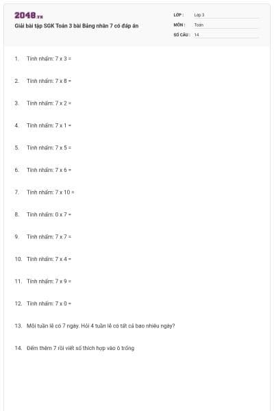 Giải bài tập SGK Toán 3 bài Bảng nhân 7 có đáp án