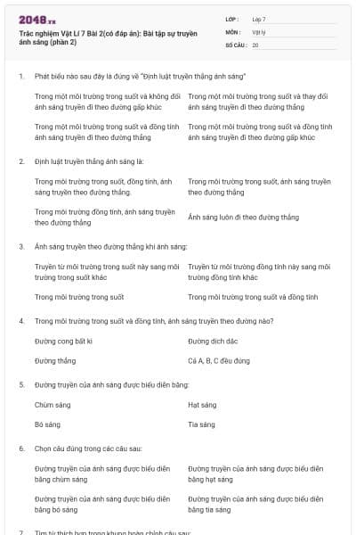 Trắc nghiệm Vật Lí 7 Bài 2(có đáp án): Bài tập sự truyền ánh sáng (phần 2)