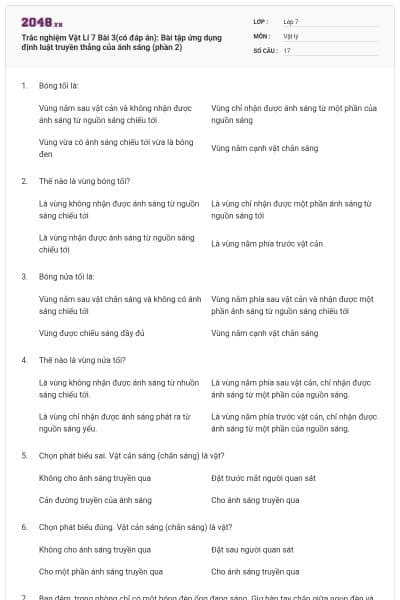 Trắc nghiệm Vật Lí 7 Bài 3(có đáp án): Bài tập ứng dụng định luật truyền thẳng của ánh sáng (phần 2)