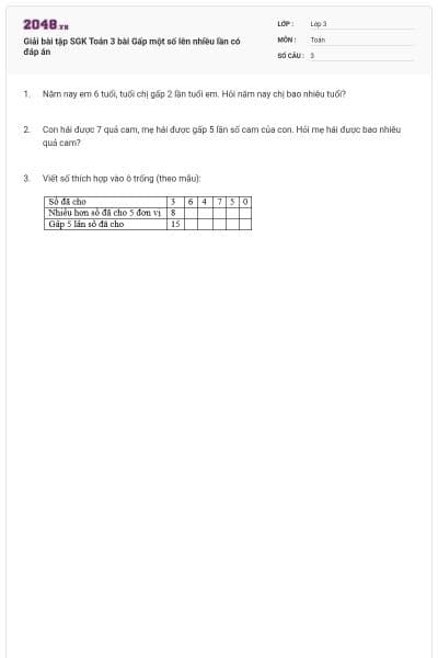 Giải bài tập SGK Toán 3 bài Gấp một số lên nhiều lần có đáp án