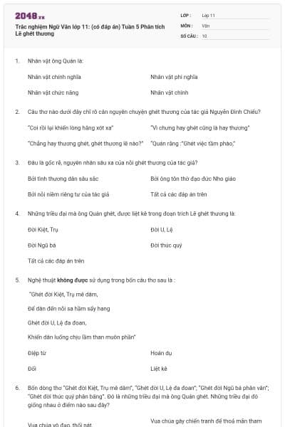 Trắc nghiệm Ngữ Văn lớp 11: (có đáp án) Tuần 5 Phân tích Lẽ ghét thương
