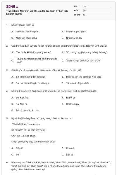 Trắc nghiệm Ngữ Văn lớp 11: (có đáp án) Tuần 5 Phân tích Lẽ ghét thương