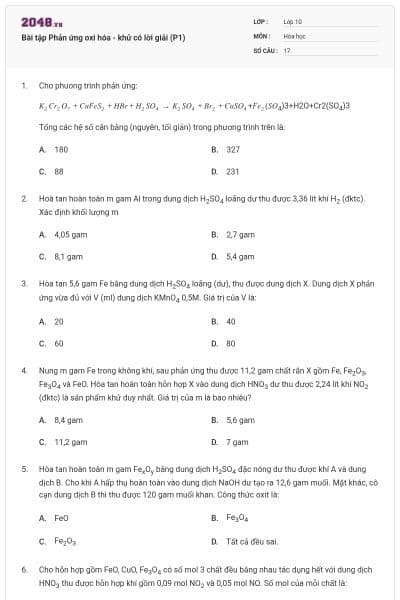 Bài tập Phản ứng oxi hóa - khử có lời giải (P1)