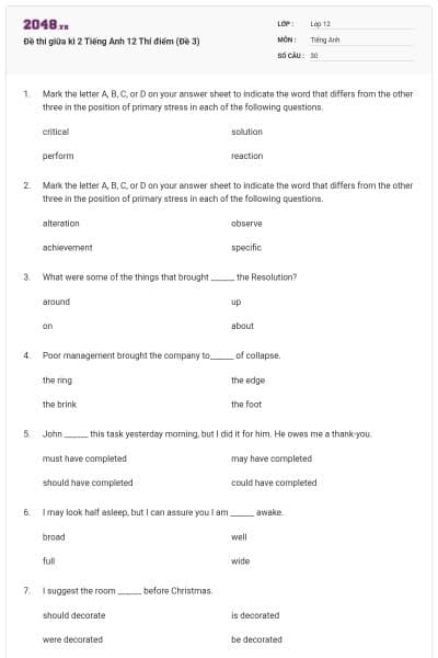 Đề thi giữa kì 2 Tiếng Anh 12 Thí điểm (Đề 3)