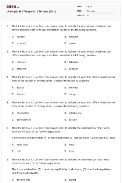 Đề thi giữa kì 2 Tiếng Anh 12 Thí điểm (Đề 1)