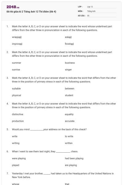 Đề thi giữa kì 2 Tiếng Anh 12 Thí điểm (Đề 4)