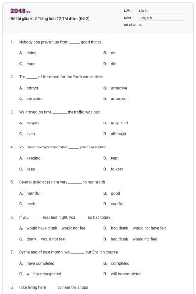 Đề thi giữa kì 2 Tiếng Anh 12 Thí điểm (Đề 2)