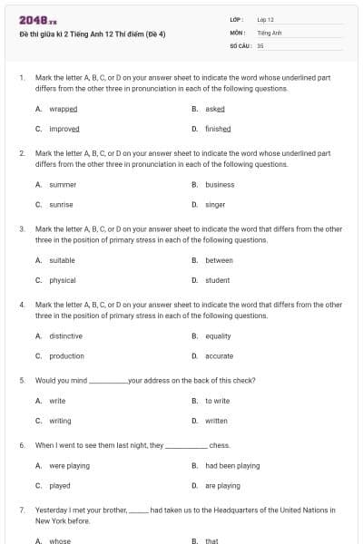 Đề thi giữa kì 2 Tiếng Anh 12 Thí điểm (Đề 4)