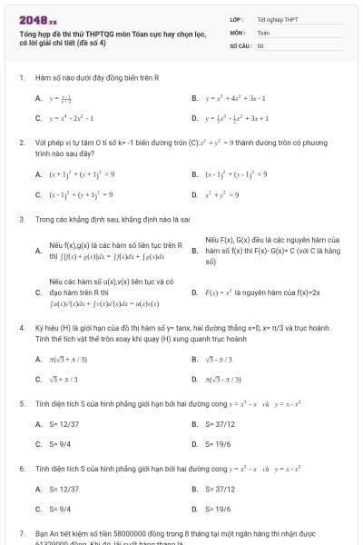 Tổng hợp đề thi thử THPTQG môn Tóan cực hay chọn lọc, có lời giải chi tiết (đề số 4)