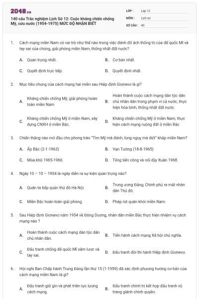 140 câu Trắc nghiệm Lịch Sử 12: Cuộc kháng chiến chống Mỹ, cứu nước (1954-1975) MỨC ĐỘ NHẬN BIẾT