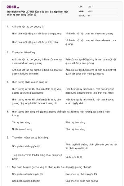 Trắc nghiệm Vật Lí 7 Bài 4(có đáp án): Bài tập định luật phản xạ ánh sáng (phần 2)