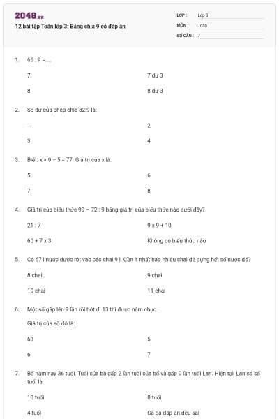 12 bài tập Toán lớp 3: Bảng chia 9 có đáp án