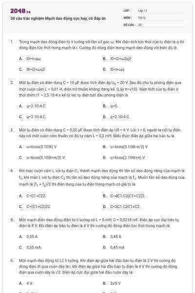 30 câu trắc nghiệm Mạch dao động cực hay, có đáp án
