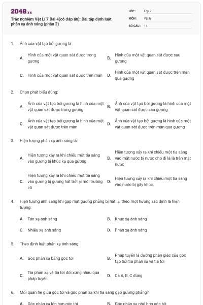 Trắc nghiệm Vật Lí 7 Bài 4(có đáp án): Bài tập định luật phản xạ ánh sáng (phần 2)