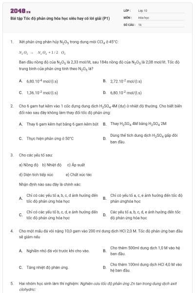 Bài tập Tốc độ phản ứng hóa học siêu hay có lời giải (P1)