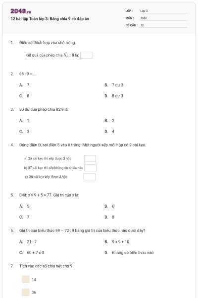 12 bài tập Toán lớp 3: Bảng chia 9 có đáp án