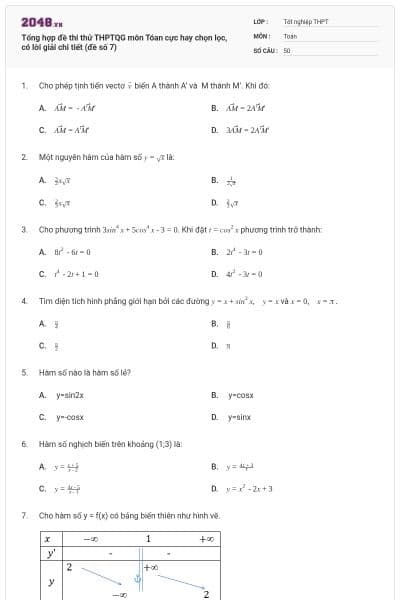 Tổng hợp đề thi thử THPTQG môn Tóan cực hay chọn lọc, có lời giải chi tiết (đề số 7)