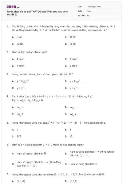 Tuyển chọn đề thi thử THPTQG môn Toán cực hay, chọn lọc (đề 5)